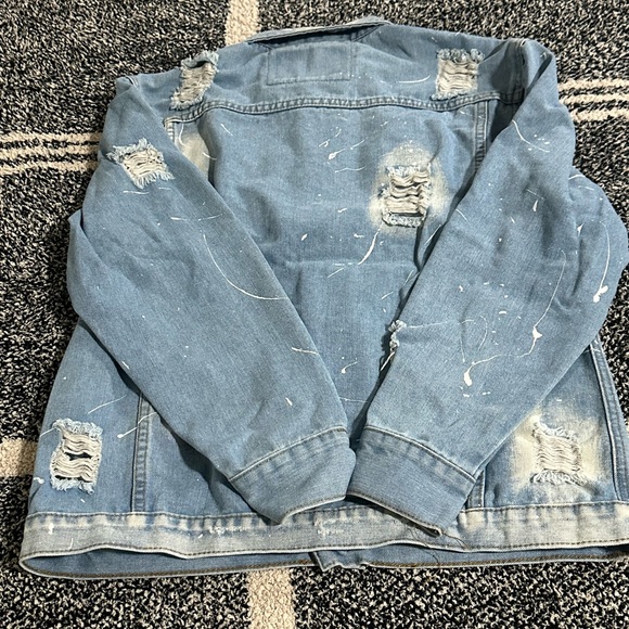 Rolling Paper Distressed Paint Splatter Bleached Ripped Denim Jean Jacket size L - Picture 4 of 4
